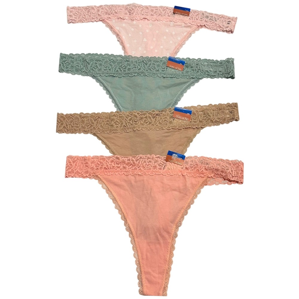 State of Day Intimates Womens XL Lace Trim Thong Panties‎ 4 Pack Pink Green Tan